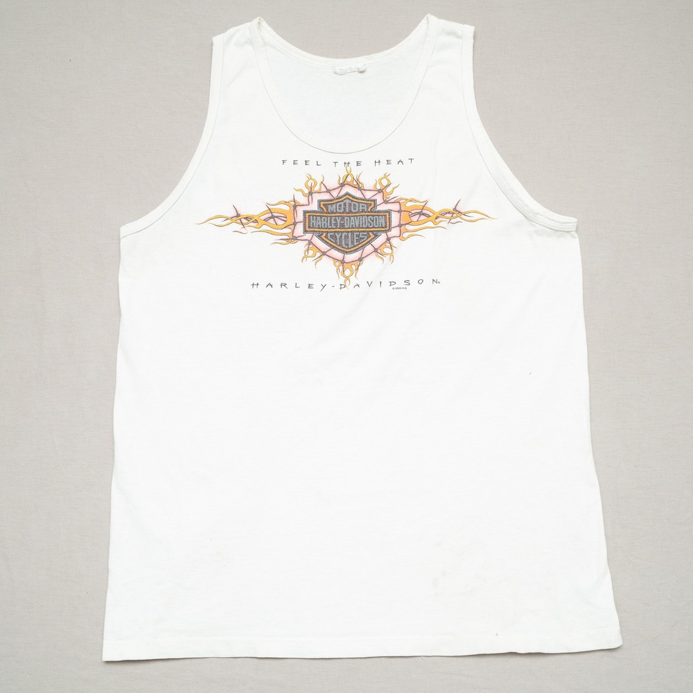 Vintage 2000s Harley Davidson Tank Top Mesa Arizona Chesters Tribal Flame White